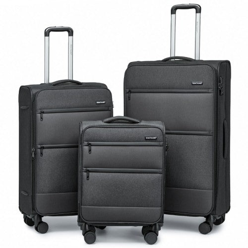 K2397L British Traveller 3 Piece Lightweight Soft Shell Luggage Set with TSA Locks Black