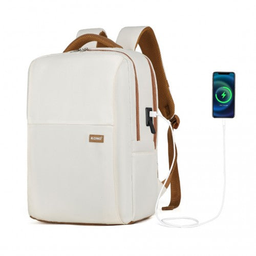 BPK2433 - Kono Water-Resistant Laptop Backpack with USB Charging Business Rucksack for Travel Commuter Features Includes Matching Pouch 2 Pc Set - Cream And Brown