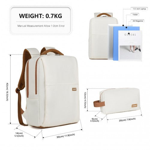 BPK2433 - Kono Water-Resistant Laptop Backpack with USB Charging Business Rucksack for Travel Commuter Features Includes Matching Pouch 2 Pc Set - Cream And Brown