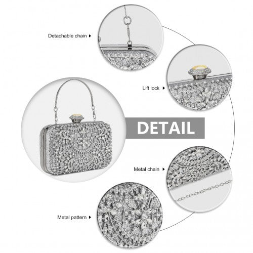 CLS2447 - Elegant Evening Clutch Bag with Rhinestone Embellishments Detachable Handle and Chain Strap - Silver