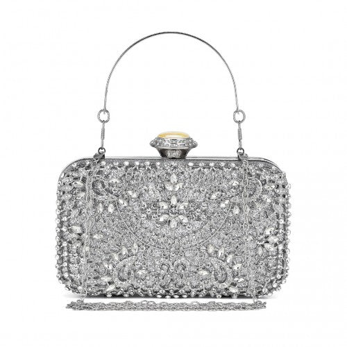 CLS2447 - Elegant Evening Clutch Bag with Rhinestone Embellishments Detachable Handle and Chain Strap - Silver