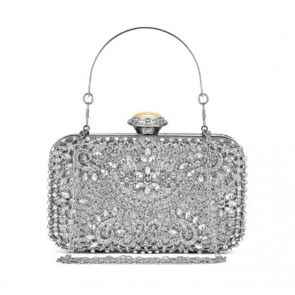 CLS2447 - Elegant Evening Clutch Bag with Rhinestone Embellishments Detachable Handle and Chain Strap - Silver