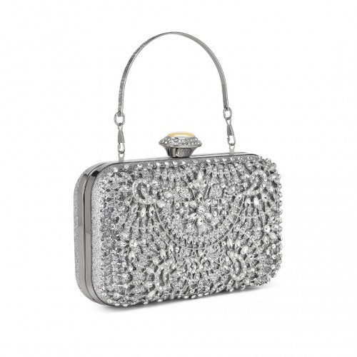 CLS2447 - Elegant Evening Clutch Bag with Rhinestone Embellishments Detachable Handle and Chain Strap - Silver