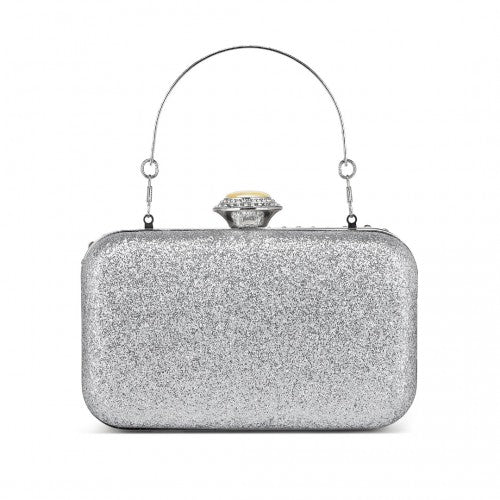 CLS2447 - Elegant Evening Clutch Bag with Rhinestone Embellishments Detachable Handle and Chain Strap - Silver