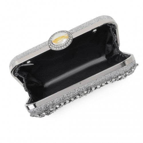 CLS2447 - Elegant Evening Clutch Bag with Rhinestone Embellishments Detachable Handle and Chain Strap - Silver