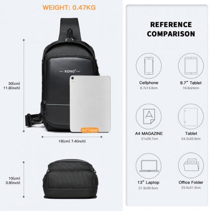 EG2403 - Kono Smart Sling Chest Bag with USB Charging Port Lightweight Single Strap Crossbody Backpack for Daily Use Ideal for Men and Women - Black