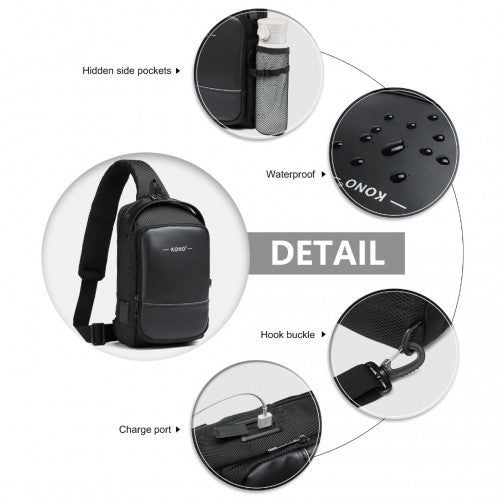 EG2403 - Kono Smart Sling Chest Bag with USB Charging Port Lightweight Single Strap Crossbody Backpack for Daily Use Ideal for Men and Women - Black