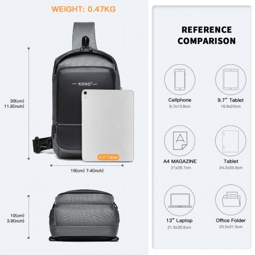 EG2403 - Kono Smart Sling Chest Bag with USB Charging Port Lightweight Single Strap Crossbody Backpack for Daily Use Ideal for Men and Women - Grey And Black