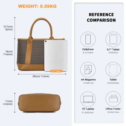 HBM2422 - Miss Lulu Elegant PVC Leather Tote Bag with Monogram Pattern Convertible Shoulder Strap Top Handle Women's Handbag - Brown