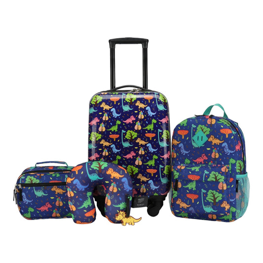 Easy Luggage Kidzpac Adventure Set: 5-Piece Luggage Set with Carry-On, Backpack, Lunch Bag, Pillow, and Luggage Tag- Dinosaur Blue
