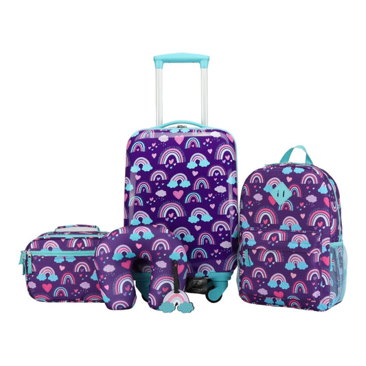 Easy Luggage Kidzpac Adventure Set: 5-Piece Luggage Set with Carry-On, Backpack, Lunch Bag, Pillow, and Luggage Tag- Rainbow Purple