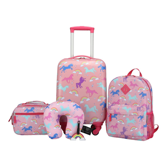 Easy Luggage Kidzpac Adventure Set: 5-Piece Luggage Set with Carry-On, Backpack, Lunch Bag, Pillow, and Luggage Tag- Unicorn Pink