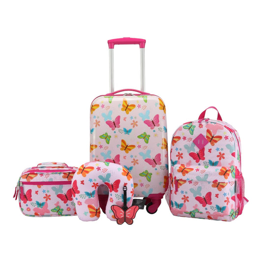 Easy Luggage Kidzpac Adventure Set: 5-Piece Luggage Set with Carry-On, Backpack, Lunch Bag, Pillow, and Luggage Tag- Butterfly Pink