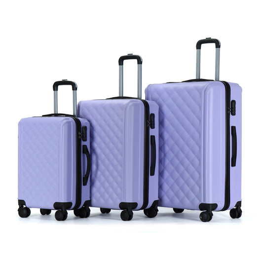 Tabby Quilted 3 Piece Hard Shell Suitcases 360° Wheels Light Purple