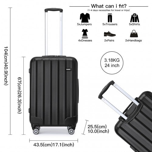 K1773-1L - Kono 19/24/28 Inch 3 Piece Set Striped ABS Hard Shell Luggage with 360-Degree Spinner Wheels - Black