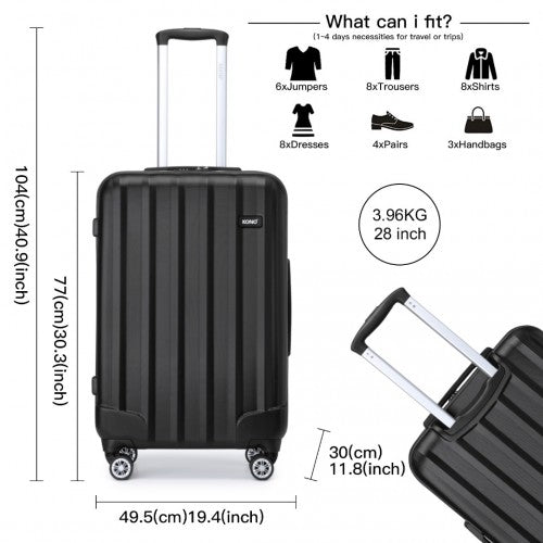 K1773-1L - Kono 19/24/28 Inch 3 Piece Set Striped ABS Hard Shell Luggage with 360-Degree Spinner Wheels - Black