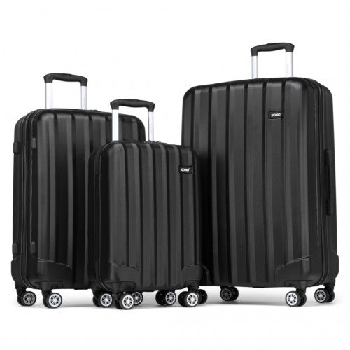 K1773-1L - Kono 19/24/28 Inch 3 Piece Set Striped ABS Hard Shell Luggage with 360-Degree Spinner Wheels - Black