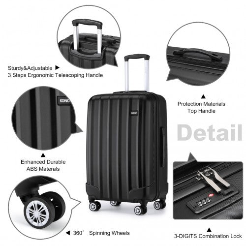 K1773-1L - Kono 19/24/28 Inch 3 Piece Set Striped ABS Hard Shell Luggage with 360-Degree Spinner Wheels - Black