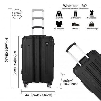 K1777-1L - Kono 24 Inch ABS Lightweight Compact Hard Shell Travel Luggage For Extended Journeys - Black