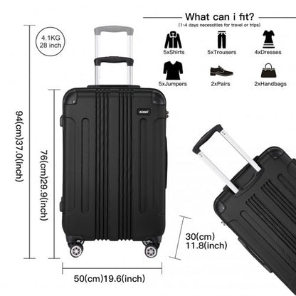 K1777-1L - Kono 19/24/28 Inch 3 Piece Set ABS Lightweight Compact Hard Shell Travel Luggage - Black