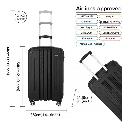 K1777-1L - Kono 19/24/28 Inch 3 Piece Set ABS Lightweight Compact Hard Shell Travel Luggage - Black