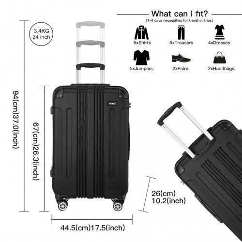 K1777-1L - Kono 19/24/28 Inch 3 Piece Set ABS Lightweight Compact Hard Shell Travel Luggage - Black