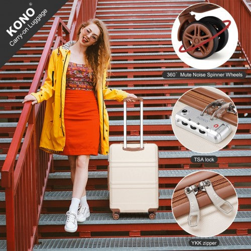 K1871-1L+EA2212 - Kono ABS 4 Wheel Suitcase Set With Vanity Case And Weekend Bag And Toiletry Bag - Dark Beige and Brown