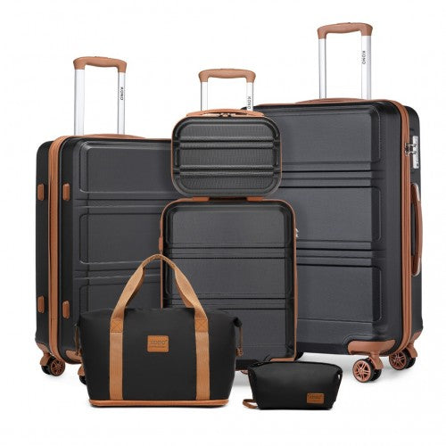 K1871-1L+EA2212 - Kono 6 Piece ABS Suitcase Set With 4 Wheel Design Including Vanity Case Weekend Bag And Toiletry Bag - Black And Brown