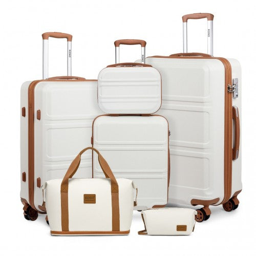 K1871-1L+EA2212 - Kono 6 Piece ABS Suitcase Set With 4 Wheel Design Including Vanity Case Weekend Bag And Toiletry Bag - Cream