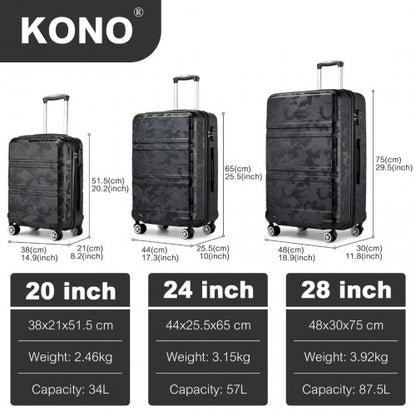 K1871-1L - Kono ABS Sculpted Horizontal Design 3 Piece Suitcase Set - Camouflage Black