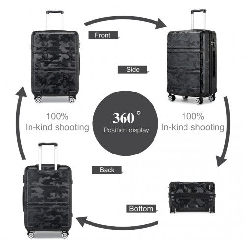 K1871-1L - Kono ABS Sculpted Horizontal Design 3 Piece Suitcase Set - Camouflage Black