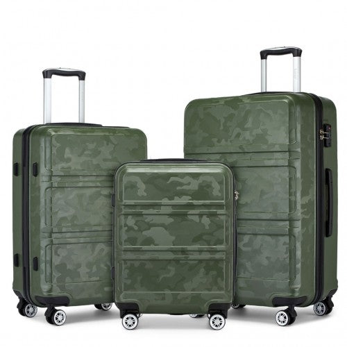 K1871-1L - Kono ABS Sculpted Horizontal Design 3 Piece Suitcase Set - Camouflage Green And Black