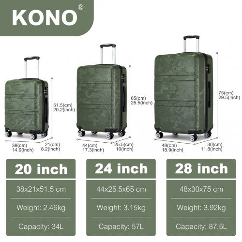 K1871-1L - Kono ABS Sculpted Horizontal Design 3 Piece Suitcase Set - Camouflage Green And Black