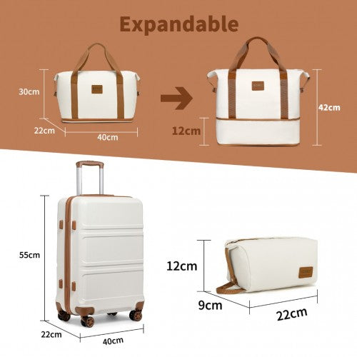 K1871-1L+EA2212 - Kono ABS 20inch Suitcase With Weekend Bag And Toiletry Bag - Cream