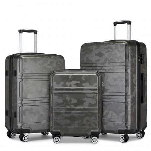 K1871-1L - Kono ABS Sculpted Horizontal Design 3 Piece Suitcase Set - Camouflage Grey And Black