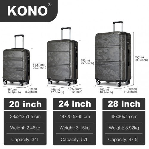 K1871-1L - Kono ABS Sculpted Horizontal Design 3 Piece Suitcase Set - Camouflage Grey And Black