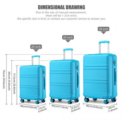 K1871-1L - Kono ABS Sculpted Horizontal Design 3 Piece Suitcase Set - Blue