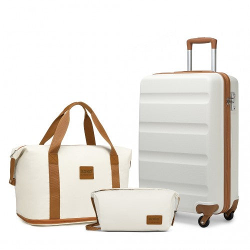 K1991-1L+EA2212 - Kono 19 Inch ABS Carry-On Suitcase 3 Piece Travel Set with Weekend Bag and Toiletry Bag Cabin Size Horizontal Design - Cream