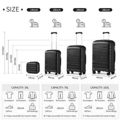 K2091L - Kono Multi Texture Hard Shell PP Suitcase With TSA Lock And Vanity Case 4 Pieces Set - Classic Collection - Black