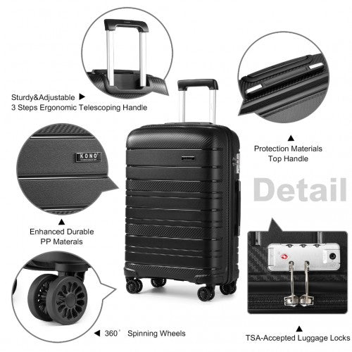 K2091L - Kono Multi Texture Hard Shell PP Suitcase With TSA Lock And Vanity Case 4 Pieces Set - Classic Collection - Black