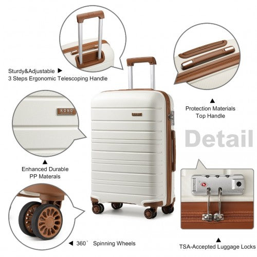 K2091L - Kono Multi Texture Hard Shell PP Suitcase With TSA Lock And Vanity Case 4 Pieces Set - Classic Collection - Cream