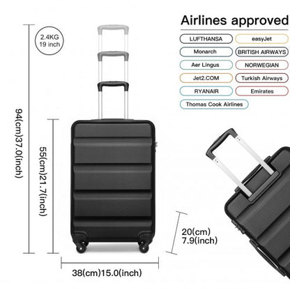 K2191L - Kono 19 Inch Cabin Size Carry On Suitcase - Streamlined Lightweight ABS Hardshell with Secure TSA Lock - Black