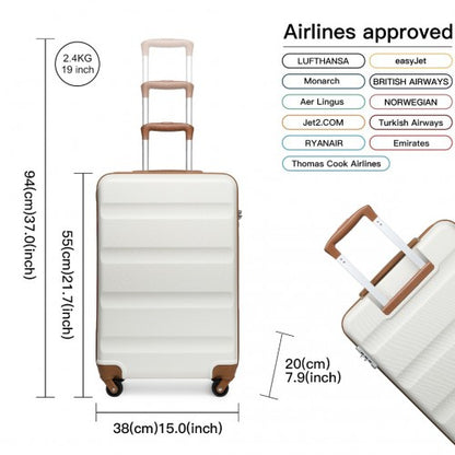 K2191L - Kono 19 Inch Cabin Size Carry On Suitcase - Streamlined Lightweight ABS Hardshell with Secure TSA Lock - Cream