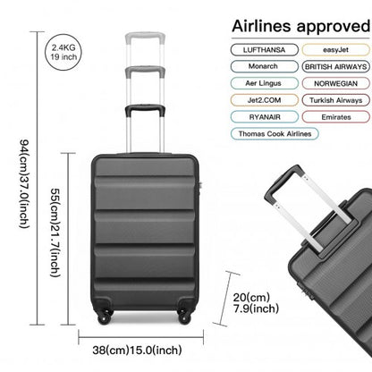 K2191L - Kono 19 Inch Cabin Size Carry On Suitcase - Streamlined Lightweight ABS Hardshell with Secure TSA Lock - Grey