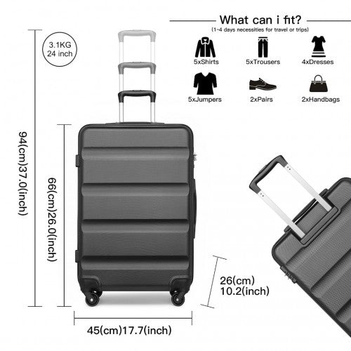 K2191L - Kono 24 Inch Check in Luggage - Streamlined ABS Hardshell Suitcase with Secure TSA Lock - Grey