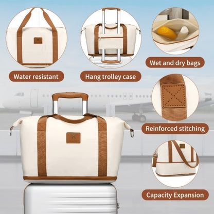 K2391L+S2366 - British Traveller 5 Piece Polypropylene and ABS Hard Shell Suitcase Set with Travel Tote and Cosmetic Pouch - Beige and Brown