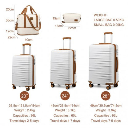 K2391L+S2366 - British Traveller 5 Piece Polypropylene and ABS Hard Shell Suitcase Set with Travel Tote and Cosmetic Pouch - Beige and Brown