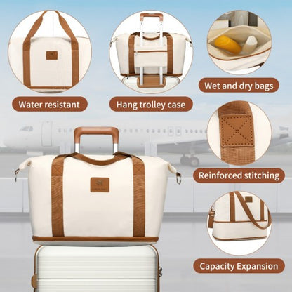 K2392L+S2366 - British Traveller 20 Inch Multi-Texture Polypropylene Cabin Size Suitcase 3 Piece Travel Set with Travel Tote and Cosmetic Pouch - Cream