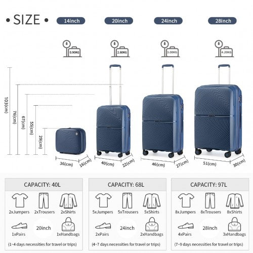 Easy Luggage K2393L - British Traveller 4 Pcs Set Spinner Hard Shell PP Suitcase With TSA Lock And Vanity Case - Navy