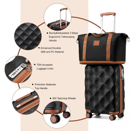 K2395L+S2366 - British Traveller 20 Inch Ultralight ABS And Polycarbonate Cabin Size Suitcase 3 Piece Travel Set with Travel Tote and Cosmetic Pouch - Black And Brown